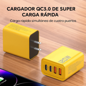 Cargador 4 Puertos 120W Carga Rápida USB y Tipo C